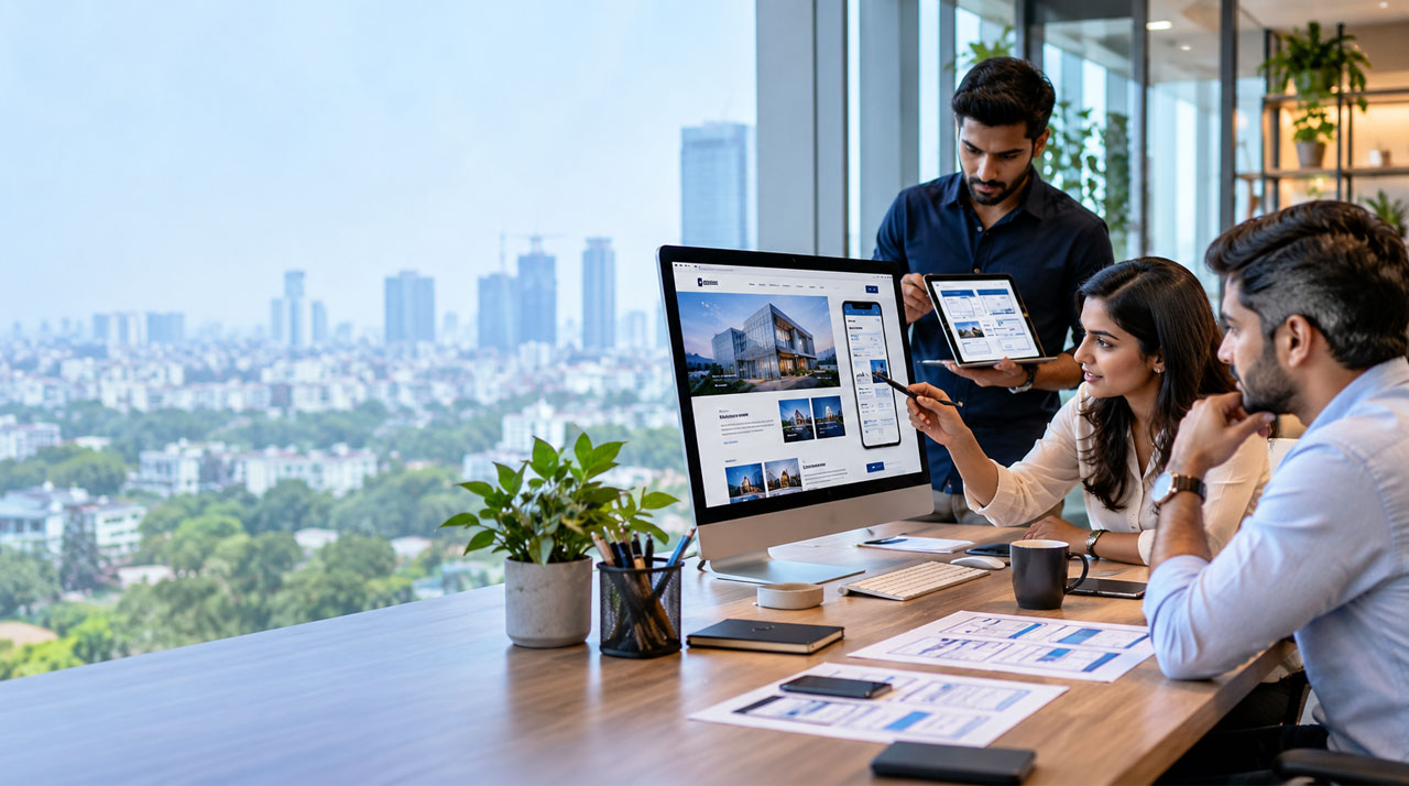 Web design team reviewing a responsive business website with a client in Hyderabad